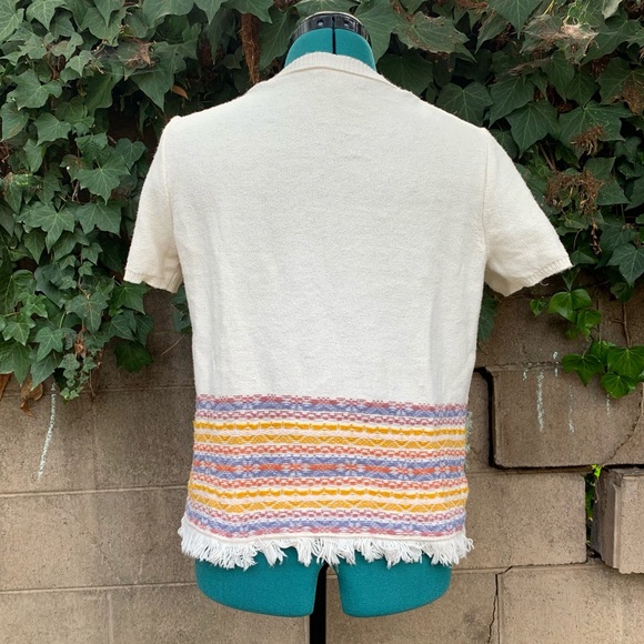 Madewell Fringed Sweater M Ivory Jacquard Knit Tee Short Sleeves Boho - Picture 4 of 9